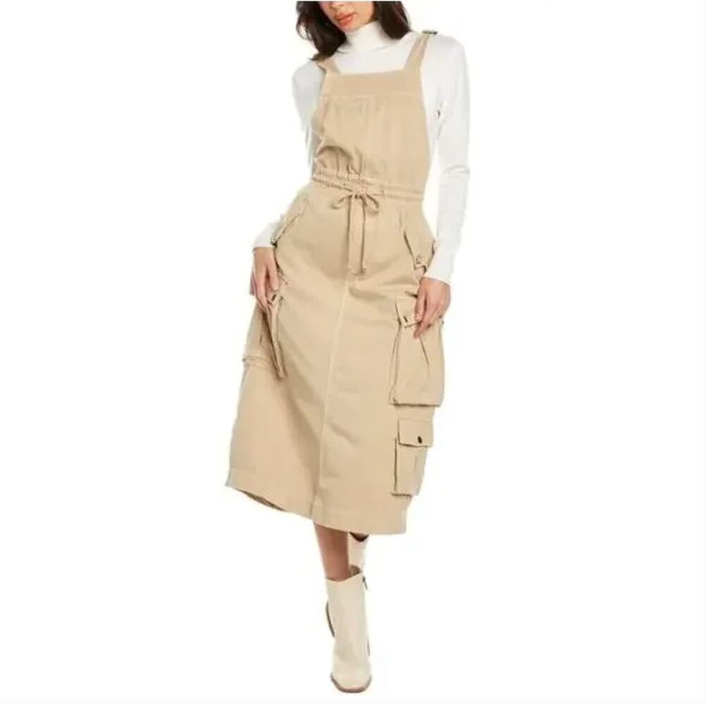Free People Cargo Skirtall Overalls Utility Dress Jumper XS Mustard (tan) NEW - Picture 2 of 12